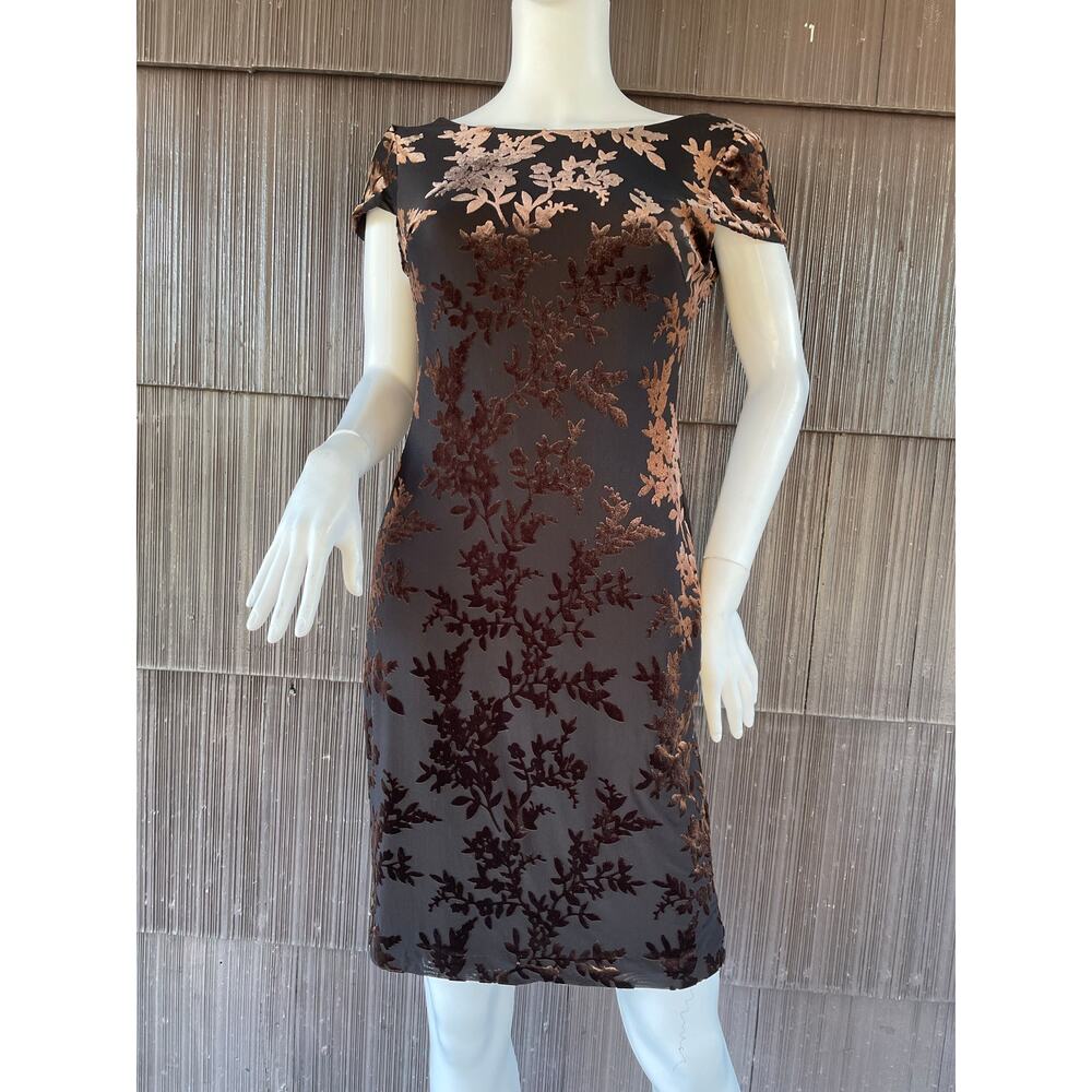 🔥Calvin Klein Flocked Burnout Velvet Floral Cocktail Cowl Brown Sheath Dress